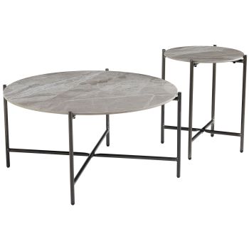 Round nesting coffee table with a ceramic top and steel legs in grey, D.90/45 x H.45.5/55.5 cm, SANTIAGO collection