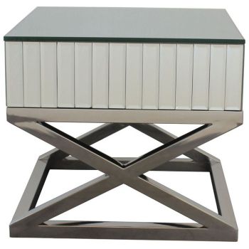 Ultra-modern side table with a polished stainless steel cross base and mirrored top. W 60 x D 48 x H 58 cm. GALA collection.