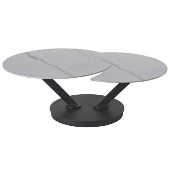 Extendable designer coffee table with a white sintered stone top and black steel legs, L.85-127 x D.85 x H.45 cm, MANILA collection