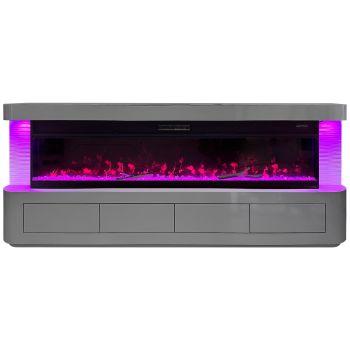 Designer TV unit with integrated artificial fireplace in MDF wood and grey mirror, W.200 x D.40 x H.70 cm, RITA collection