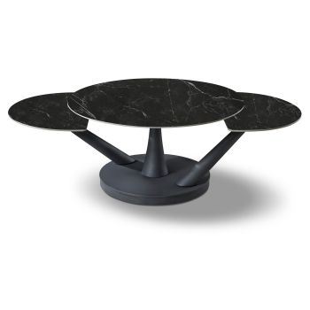 Extendable designer coffee table with a black artificial marble top and black steel legs. L.85-140 x D.85 x H.45.6 cm. SAVONA collection