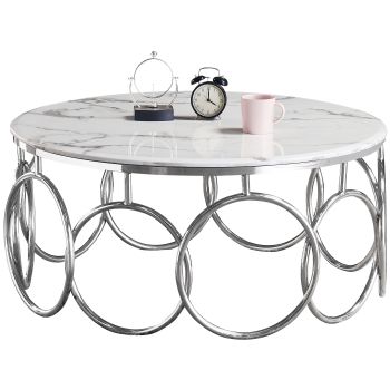Designer coffee table in silver steel with a white artificial marble top. W 100 x D 100 x H 45 cm. BRUNO Collection