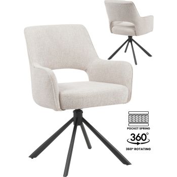 360° swivel dining chair with taupe fabric upholstery and black steel base with pocket springs. W 73 x D 58 x H 62 cm. SAMOS collection.