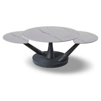 Extendable designer coffee table with a white artificial marble top and black steel legs. L.85-140 x D.85 x H.45.6 cm. SAVONA collection