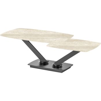 Extendable designer coffee table with a beige sintered stone top and black steel legs. L.100-146 x D.60 x H.45 cm, ALISHA collection