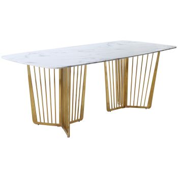 Designer dining table with white marble top and gold steel legs. L. 200 x W. 100 x H. 76 cm. FASTRO Collection