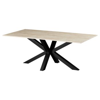 Designer dining table with artificial marble top and beige and black steel legs, L.200 x W.100 x H.76 cm, MARJA collection