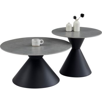 Round nesting coffee table with a grey ceramic top and black steel legs, D.80/60 x H.42.5/52 cm, PABLO collection