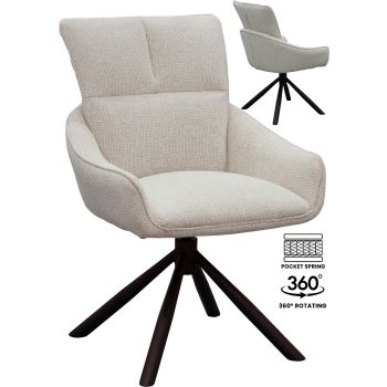 Designer dining chair with 360° swivel, white fabric upholstery, and black steel base with pocket springs. W 58 x D 62.5 x H 88.5 cm. GRACE collection.