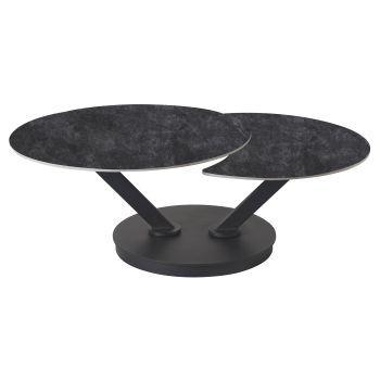 Extendable designer coffee table with a dark grey sintered stone top and black steel legs, L.85-127 x D.85 x H.45 cm, MANILA collection