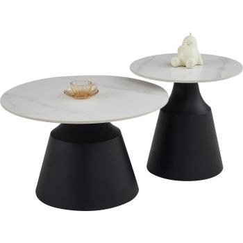 Round nesting coffee table with a white ceramic top and black steel legs, D.70/50 x H.43/49 cm, KATERINA collection