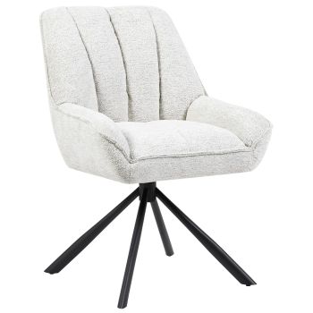 YUNA collection 360° swivel designer dining chair, featuring beige fabric upholstery, black steel legs, and pocket springs – W 62 x D 64 x H 84.5 cm