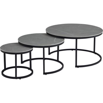 Round nesting coffee table with a ceramic top and steel legs in Grey. D.80/60/40 x H.42.5/38.5/34.5 cm. MARTA collection.