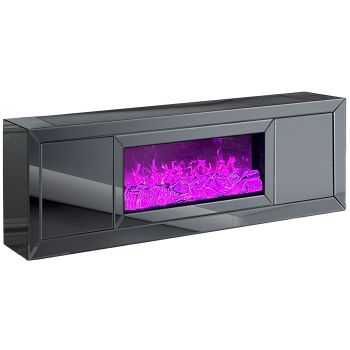 Designer TV unit with integrated artificial fireplace in MDF wood and grey mirror, W.200 x D.40 x H.60 cm, MAYA collection