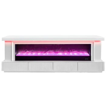 LOLA collection designer TV unit with integrated artificial fireplace, made of MDF wood and white mirror, W200 x D40 x H70 cm