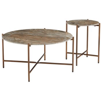 Round nesting coffee table with ceramic top and brown steel legs, D.90/45 x H.45.5/55.5 cm, SANTIAGO collection