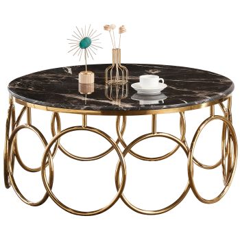Designer coffee table in gold-tone steel with a black artificial marble top. W 100 x D 100 x H 45 cm. BRUNO Collection