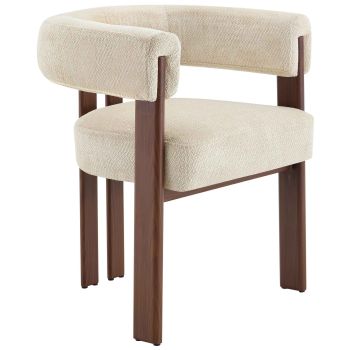 Designer dining chair with beige fabric upholstery and walnut-effect steel legs, W.66 x D.56 x H.76 cm, MIMOSA collection