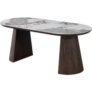 Oval designer dining table with travertine ceramic top and walnut-effect MDF legs, L.200 x W.90 x H.76 cm, MAYFAIR collection