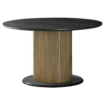 Round designer dining table with a black and gold veneered MDF top and legs, D.130 x H.76 cm, FLORA collection