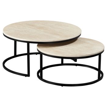 Round nesting coffee table with a designer artificial marble top and steel legs in beige and black, D.85/70 x H.40/32 cm, MARJA collection