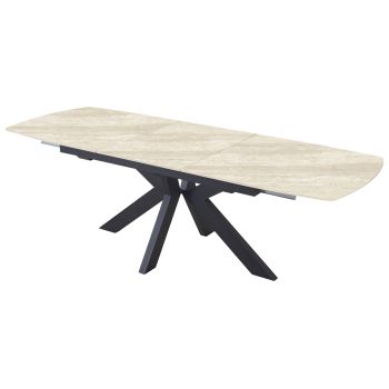 Extendable designer dining table with a beige sintered stone top and black steel legs. L.180-240 x D.90 x H.76 cm, AMIRA collection