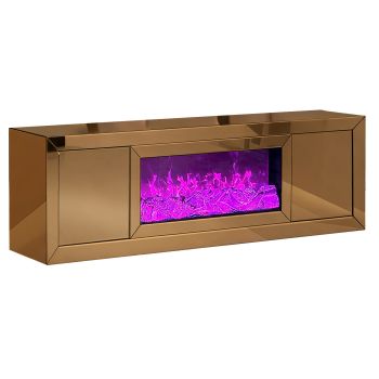 Designer TV unit with integrated artificial fireplace, made of MDF wood and bronze mirror, W200 x D40 x H60 cm, MAYA collection