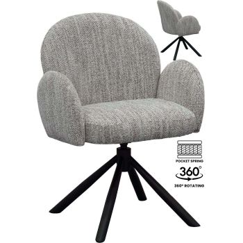 Designer dining chair with 360° swivel, black fabric upholstery, and black steel base with pocket springs. W 66 x D 62 x H 83.5 cm. SARAHA collection