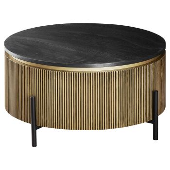 Designer coffee table with MDF veneer top and black and gold steel legs, D.90 x H.43 cm, GUSTA collection