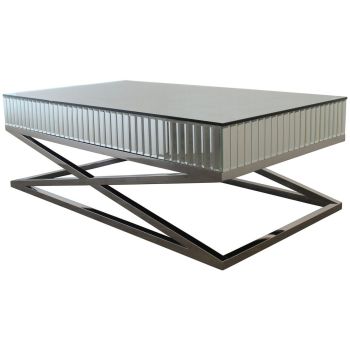 Designer coffee table with mirrored top and rim, and a polished stainless steel cross base. L. 130 x D. 70 x H. 40 cm. GALA collection.