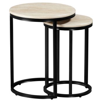 Round nesting coffee table with a designer artificial marble top and steel legs in beige and black, D.45/34 x H.57/50 cm, MARJA collection