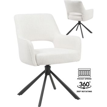 Designer dining chair with 360° swivel, beige fabric upholstery, and black steel base with pocket springs. W 73 x D 58 x H 62 cm. SAMOS collection.