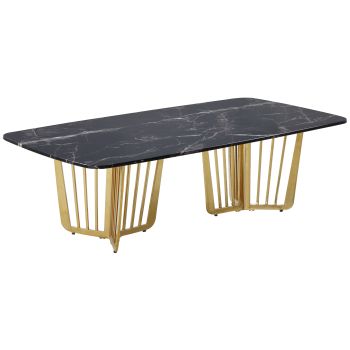 Designer coffee table with black artificial marble top and gold steel base. W 140 x D 72 x H 45 cm. FASTRO collection