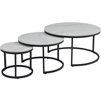 Round nesting coffee table with a ceramic top and white steel legs. Dimensions: D.80/60/40 x H.42.5/38.5/34.5 cm. MARTA collection.