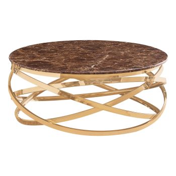 Round designer coffee table with polished gold stainless steel base and brown artificial marble top, L. 100 x H. 43 cm, ENRICO collection