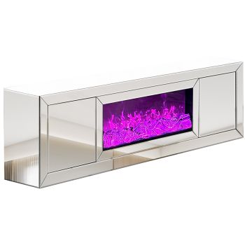 Designer TV unit with integrated artificial fireplace, made of MDF wood and silver mirror, W200 x D40 x H60 cm, MAYA collection
