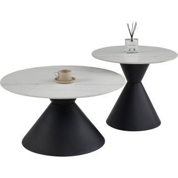 Round nesting coffee table with a white ceramic top and black steel legs, D.80/60 x H.42.5/52 cm, PABLO collection