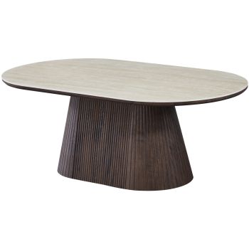 Oval designer coffee table with travertine ceramic top and walnut-effect MDF legs, L.130 x D.70 x H.45 cm, SOHO collection