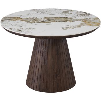 Round designer dining table with travertine ceramic top and walnut-effect MDF legs, D.120 x H.76 cm, MAYFAIR collection